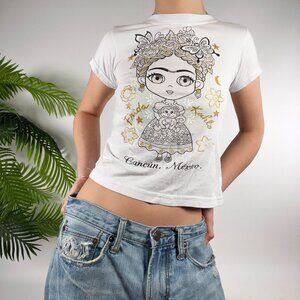 Vintage Y2K Frida Kahlo White Cancun Mexico Short Sleeve Graphic Baby Tee / XXS